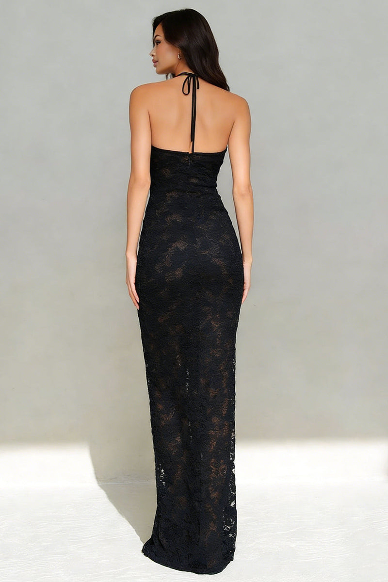 Load image into Gallery viewer, Black Lace Mermaid Halter Neck Long Formal Dress with Keyhole
