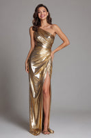 Load image into Gallery viewer, Sparkly Gold Metallic Sheath One Shoulder Long Formal Dress with Slit