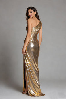 Sparkly Gold Metallic Sheath One Shoulder Long Formal Dress with Slit