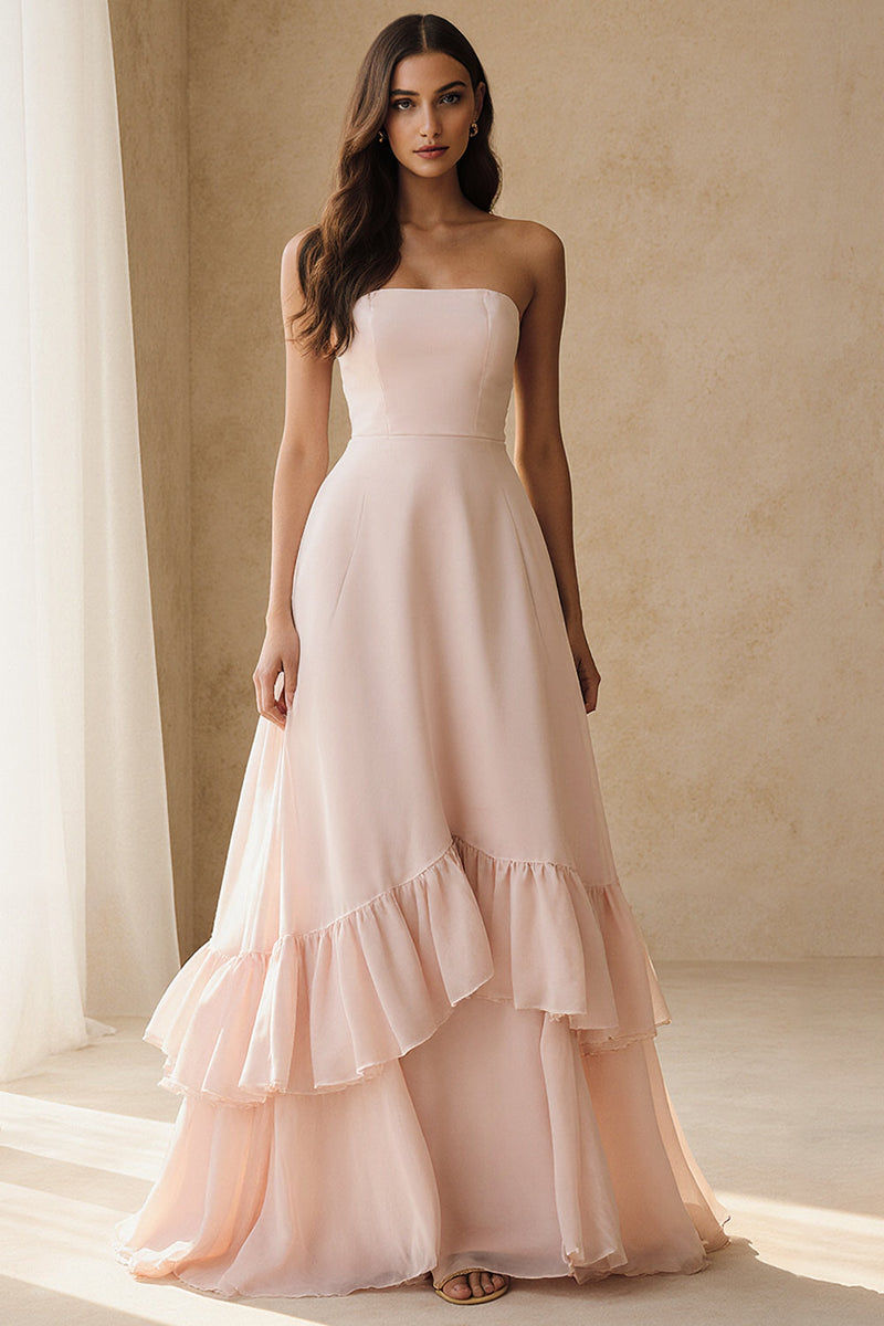 Load image into Gallery viewer, Light Pink Ruffled Strapless A Line Long Formal Dress