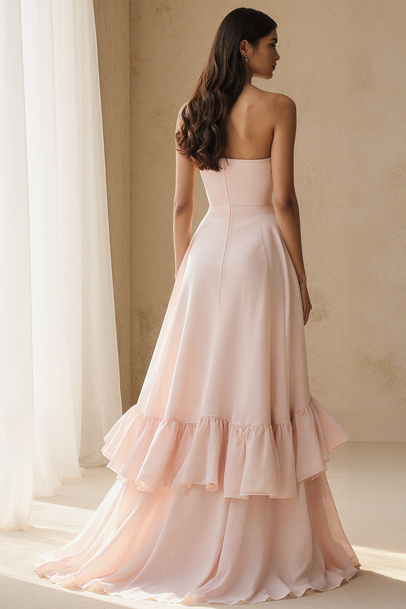 Load image into Gallery viewer, Light Pink Ruffled Strapless A Line Long Formal Dress