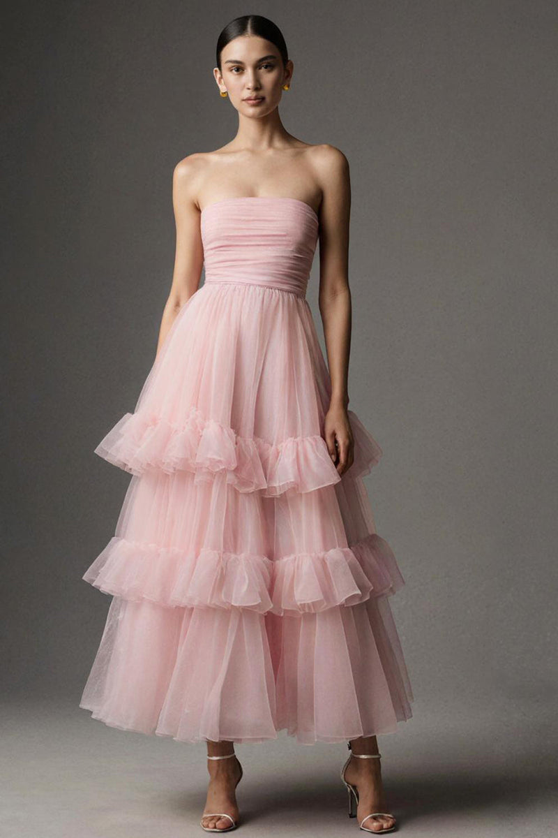 Load image into Gallery viewer, Pink Tulle Ruffled Strapless A Line Ankle Length Formal Dress