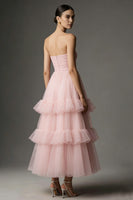 Load image into Gallery viewer, Pink Tulle Ruffled Strapless A Line Ankle Length Formal Dress