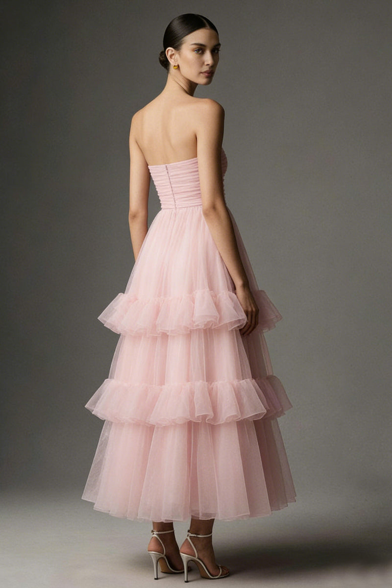 Load image into Gallery viewer, Pink Tulle Ruffled Strapless A Line Ankle Length Formal Dress