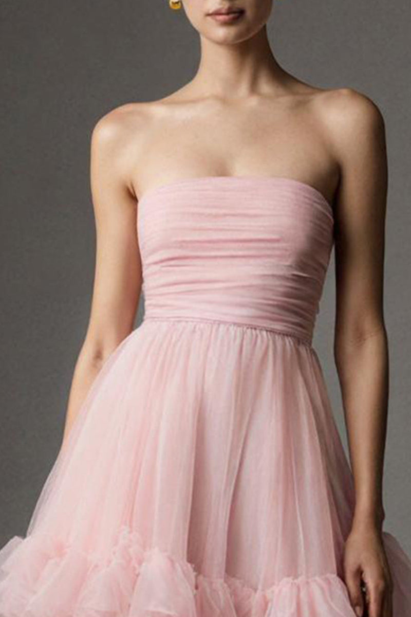 Load image into Gallery viewer, Pink Tulle Ruffled Strapless A Line Ankle Length Formal Dress