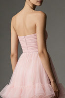 Load image into Gallery viewer, Pink Tulle Ruffled Strapless A Line Ankle Length Formal Dress