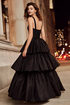 Black Ruffled Thick Straps A Line Long Formal Dress