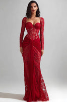 Load image into Gallery viewer, Red Lace Mermaid Sweetheart Long Formal Dress with Sleeves