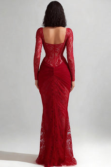 Red Lace Mermaid Sweetheart Long Formal Dress with Sleeves