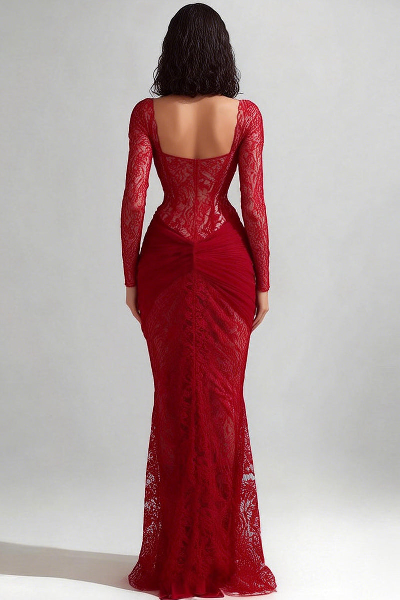 Load image into Gallery viewer, Red Lace Mermaid Sweetheart Long Formal Dress with Sleeves