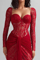 Load image into Gallery viewer, Red Lace Mermaid Sweetheart Long Formal Dress with Sleeves
