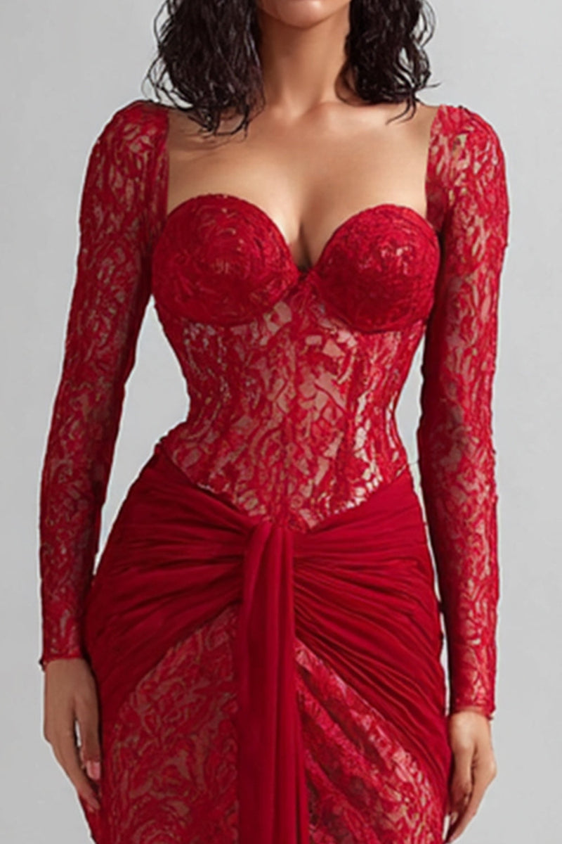 Load image into Gallery viewer, Red Lace Mermaid Sweetheart Long Formal Dress with Sleeves