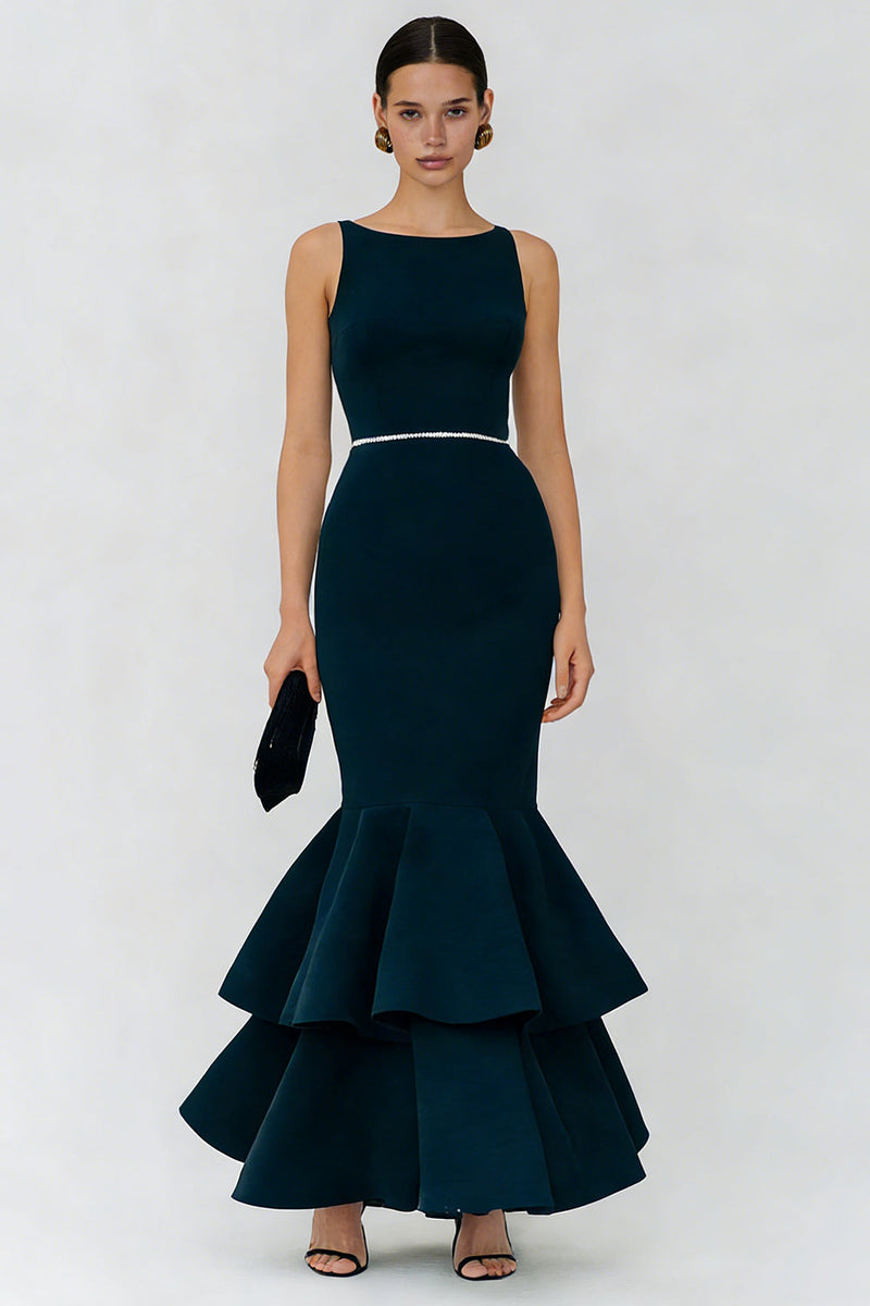 Load image into Gallery viewer, Sparkly Navy Boat Neck Mermaid Ruffled Long Formal Dress with Beading