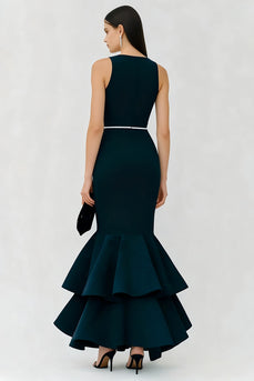 Sparkly Navy Boat Neck Mermaid Ruffled Long Formal Dress with Beading