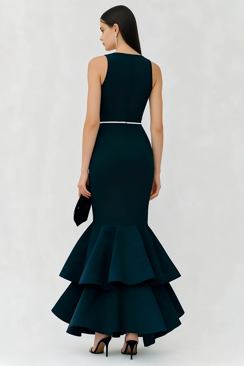 Load image into Gallery viewer, Sparkly Navy Boat Neck Mermaid Ruffled Long Formal Dress with Beading