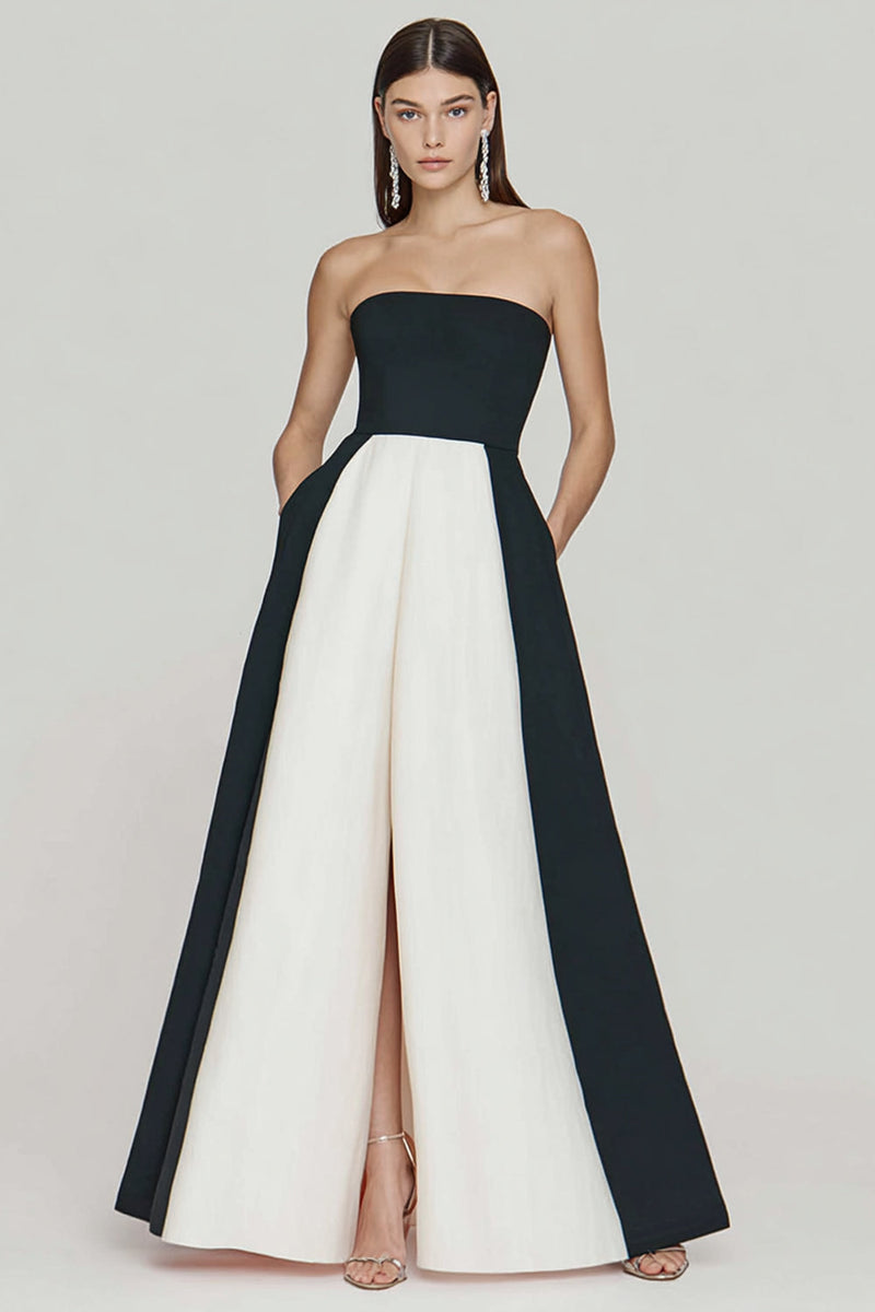 Load image into Gallery viewer, Black and White A Line Strapless Long Formal Dress with Slit
