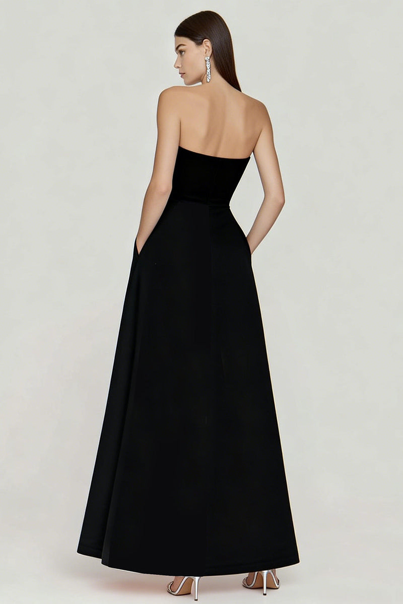 Load image into Gallery viewer, Black and White A Line Strapless Long Formal Dress with Slit