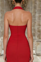 Load image into Gallery viewer, Red Halter Neck Mermaid Ruched Long Formal Dress