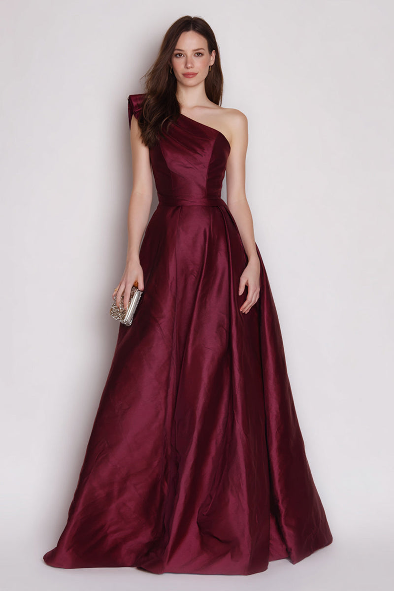 Load image into Gallery viewer, Burgundy One Shoulder Satin A Line Long Formal Dress