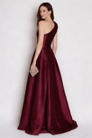 Load image into Gallery viewer, Burgundy One Shoulder Satin A Line Long Formal Dress