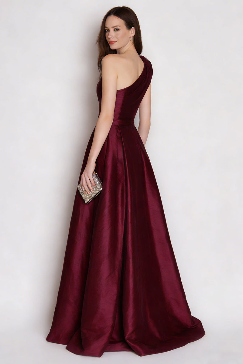 Load image into Gallery viewer, Burgundy One Shoulder Satin A Line Long Formal Dress