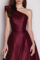 Load image into Gallery viewer, Burgundy One Shoulder Satin A Line Long Formal Dress