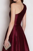 Load image into Gallery viewer, Burgundy One Shoulder Satin A Line Long Formal Dress
