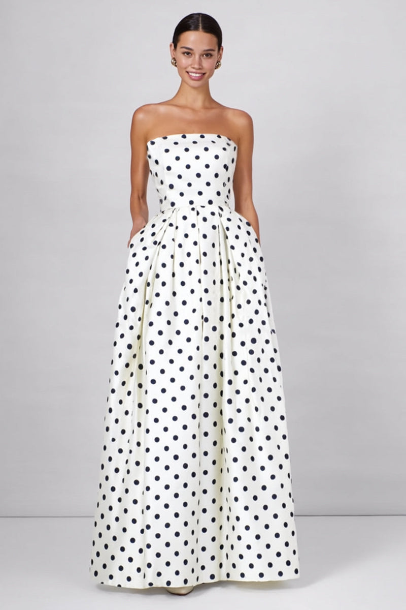 Load image into Gallery viewer, White and Black Strapless Polka Dots A Line Long Formal Dress