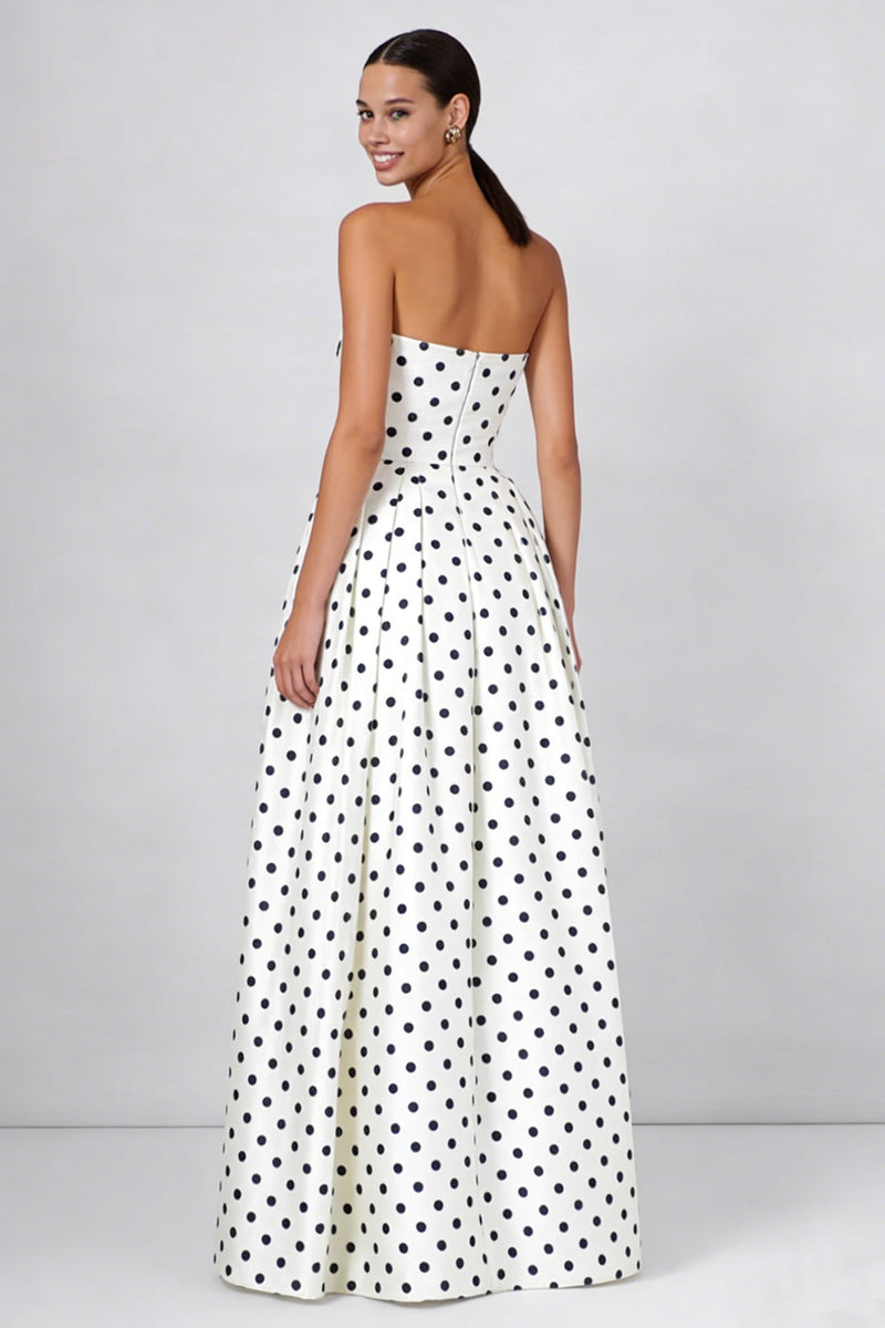 Load image into Gallery viewer, White and Black Strapless Polka Dots A Line Long Formal Dress