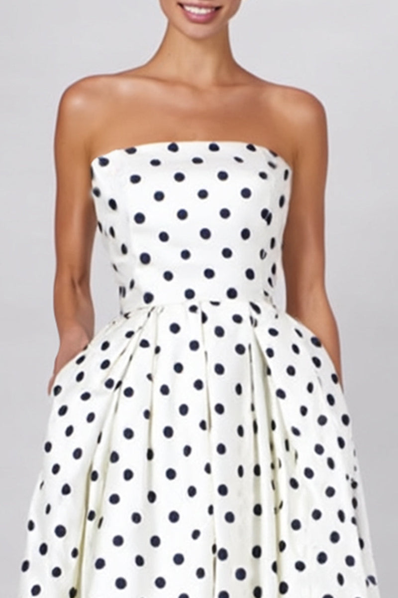 Load image into Gallery viewer, White and Black Strapless Polka Dots A Line Long Formal Dress