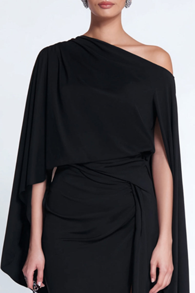 Load image into Gallery viewer, Black Sheath One Shoulder Midi Formal Dress with Cape
