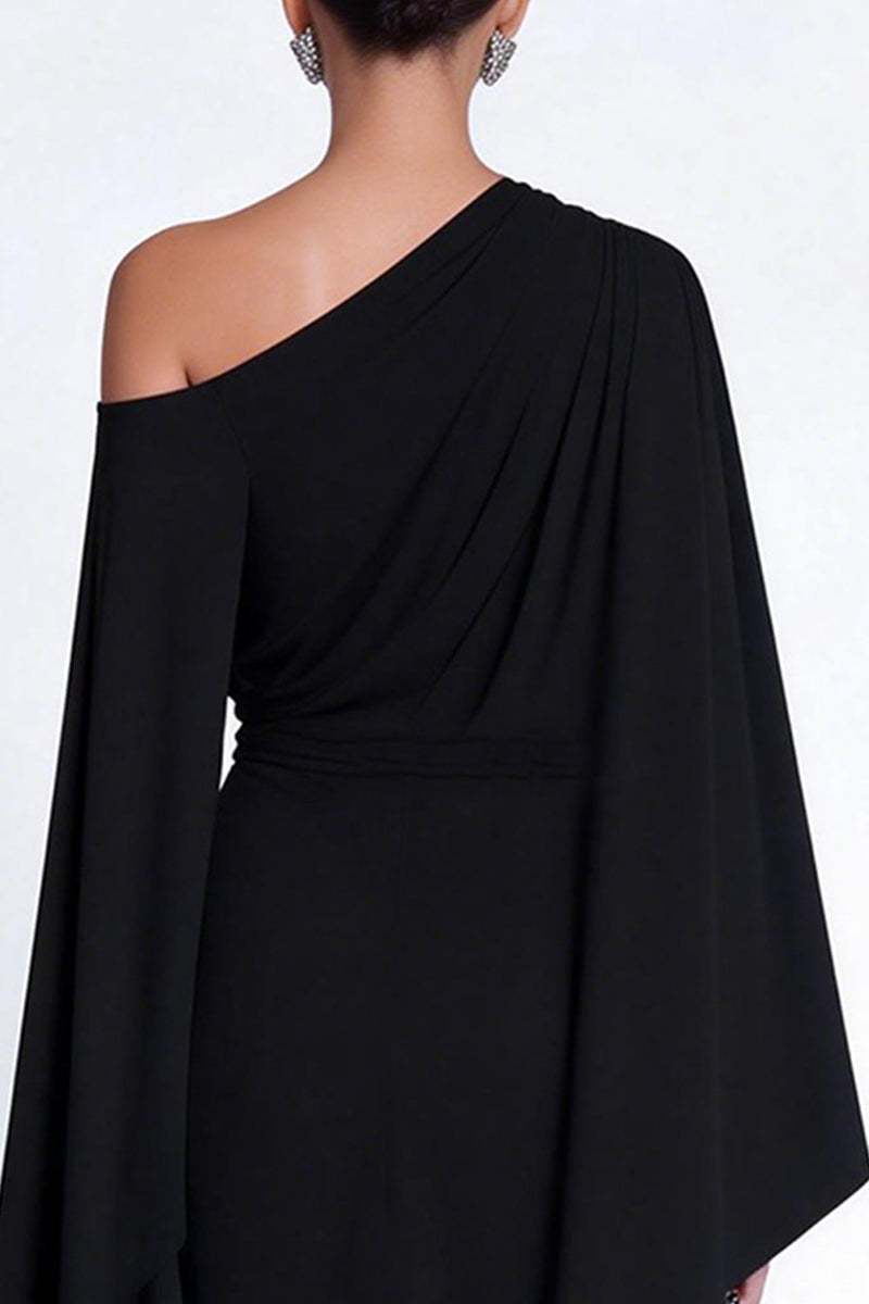 Load image into Gallery viewer, Black Sheath One Shoulder Midi Formal Dress with Cape