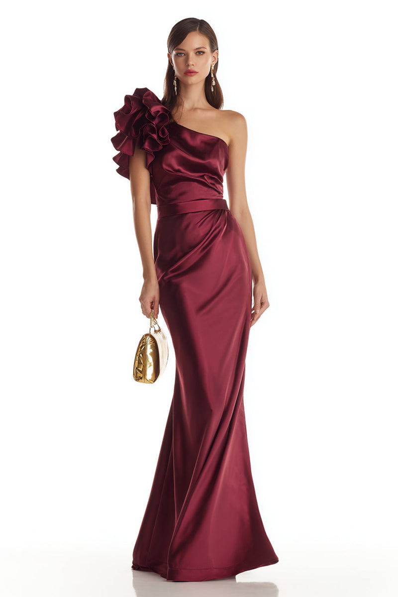 Load image into Gallery viewer, Burgundy Satin Mermaid One Shoulder Long Formal Dress with 3D Flower