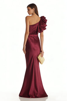 Burgundy Satin Mermaid One Shoulder Long Formal Dress with 3D Flower