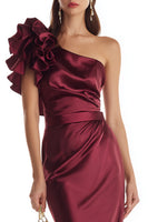 Load image into Gallery viewer, Burgundy Satin Mermaid One Shoulder Long Formal Dress with 3D Flower