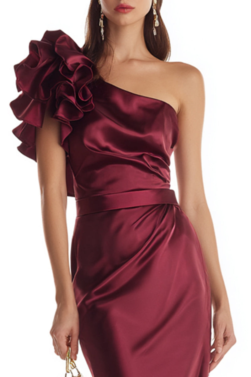 Load image into Gallery viewer, Burgundy Satin Mermaid One Shoulder Long Formal Dress with 3D Flower