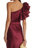 Load image into Gallery viewer, Burgundy Satin Mermaid One Shoulder Long Formal Dress with 3D Flower