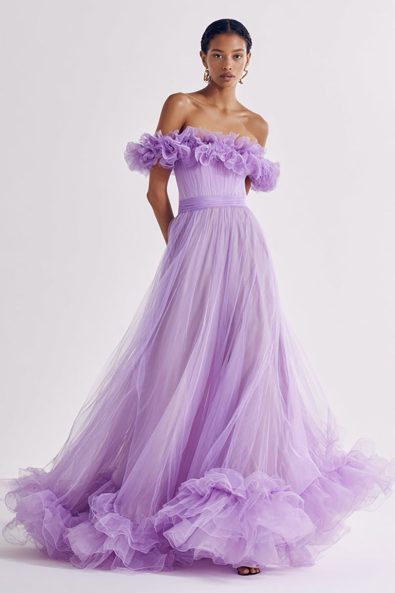 Load image into Gallery viewer, Lilac Tulle Ruffled Off the Shoulder A Line Long Formal Dress