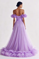 Load image into Gallery viewer, Lilac Tulle Ruffled Off the Shoulder A Line Long Formal Dress
