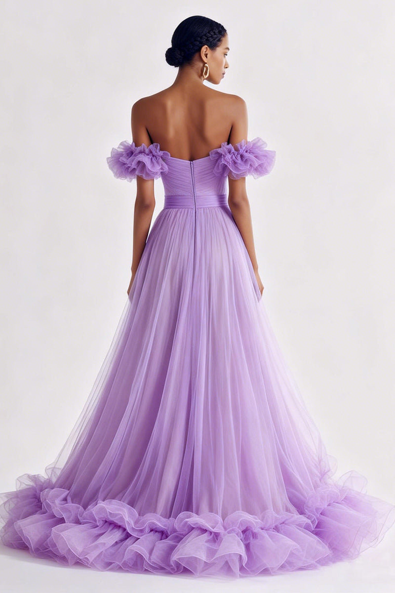 Load image into Gallery viewer, Lilac Tulle Ruffled Off the Shoulder A Line Long Formal Dress
