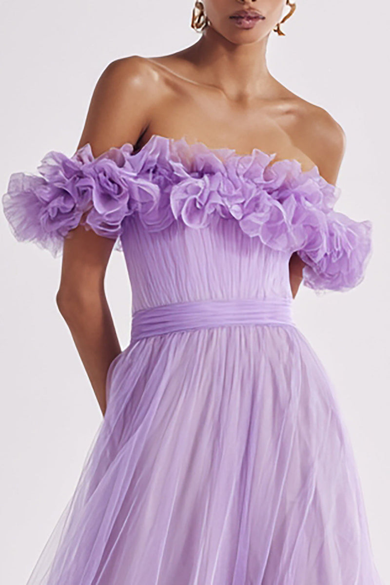 Load image into Gallery viewer, Lilac Tulle Ruffled Off the Shoulder A Line Long Formal Dress