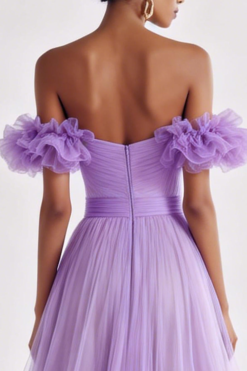Load image into Gallery viewer, Lilac Tulle Ruffled Off the Shoulder A Line Long Formal Dress
