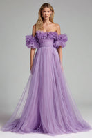 Load image into Gallery viewer, Lilac Tulle Off the Shoulder A Line Long Formal Dress with Ruffles
