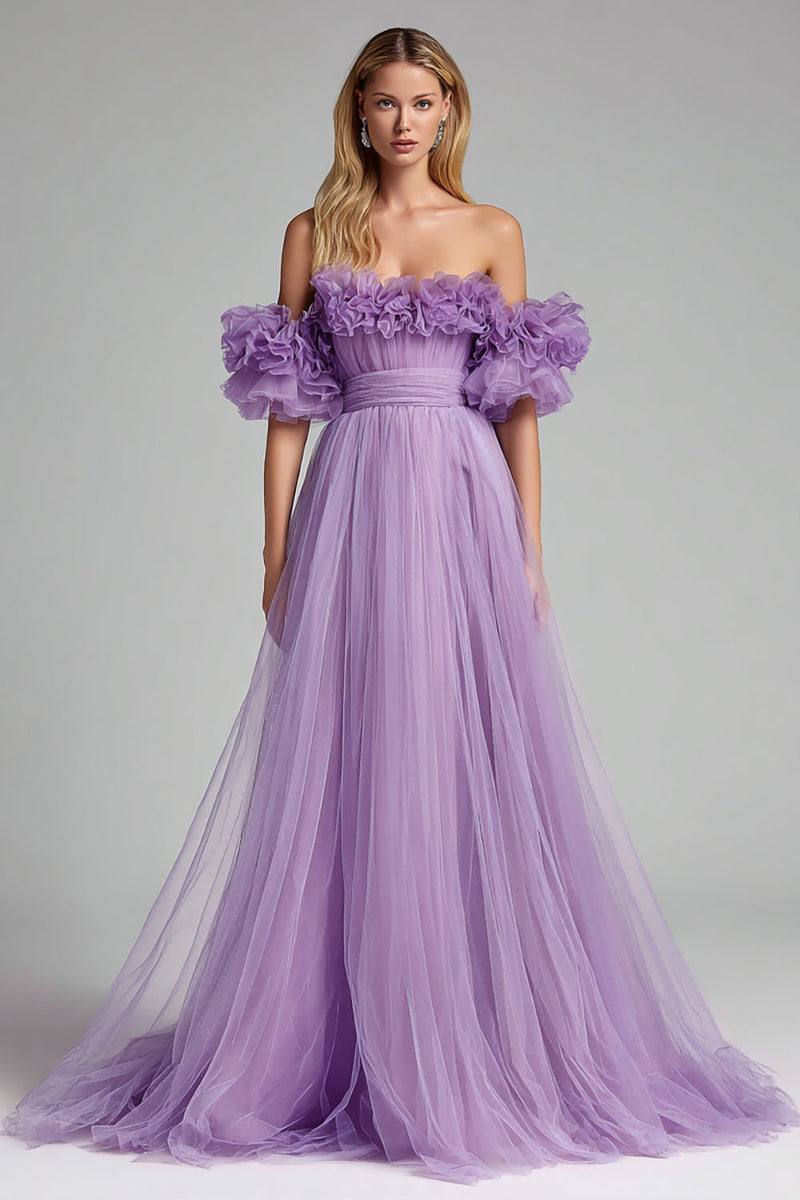 Load image into Gallery viewer, Lilac Tulle Off the Shoulder A Line Long Formal Dress with Ruffles