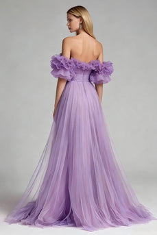 Lilac Tulle Off the Shoulder A Line Long Formal Dress with Ruffles