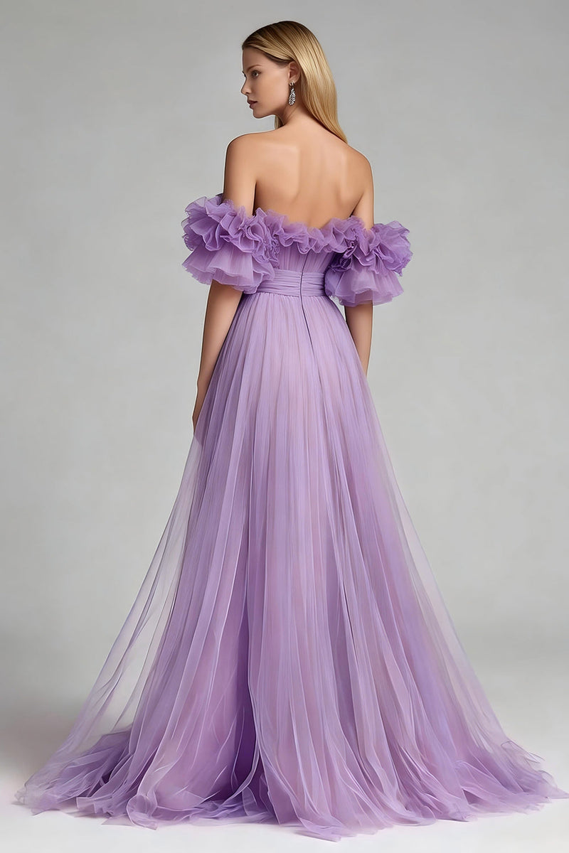 Load image into Gallery viewer, Lilac Tulle Off the Shoulder A Line Long Formal Dress with Ruffles