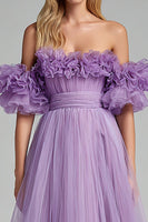 Load image into Gallery viewer, Lilac Tulle Off the Shoulder A Line Long Formal Dress with Ruffles
