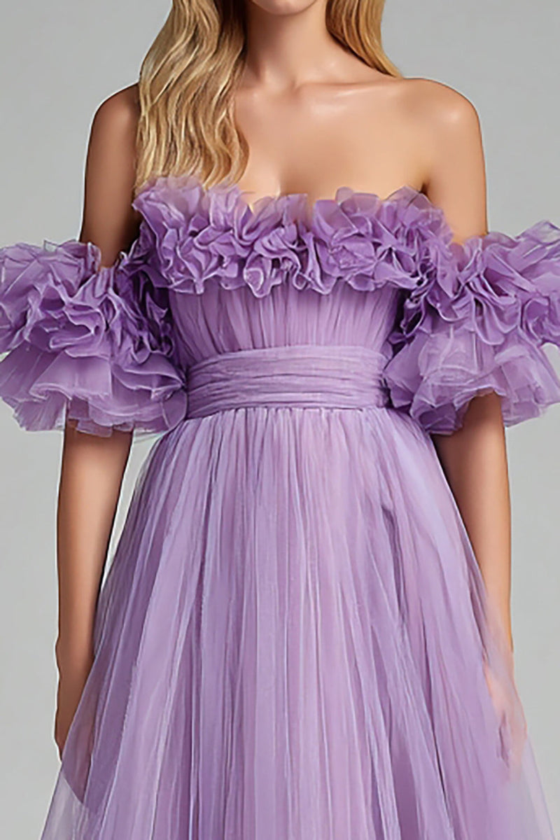 Load image into Gallery viewer, Lilac Tulle Off the Shoulder A Line Long Formal Dress with Ruffles