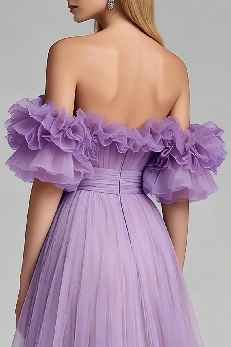 Load image into Gallery viewer, Lilac Tulle Off the Shoulder A Line Long Formal Dress with Ruffles
