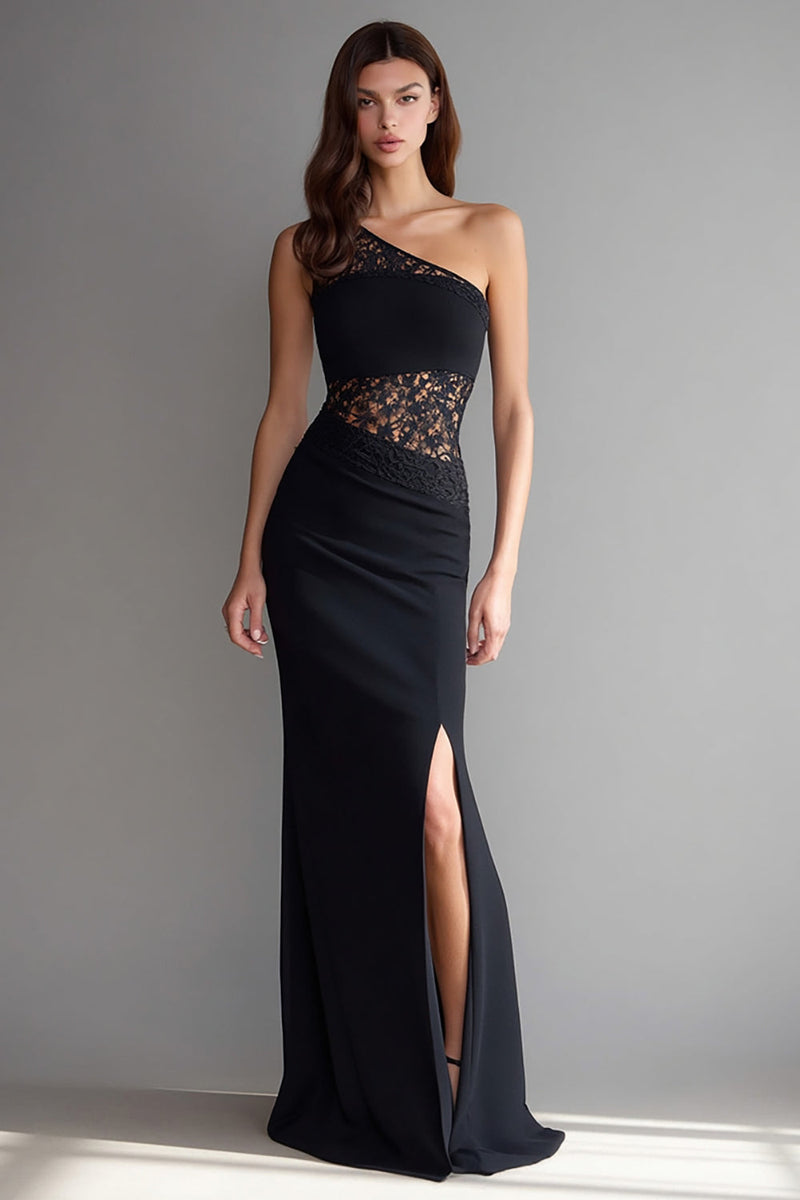 Load image into Gallery viewer, Black Mermaid One Shoulder Long Formal Dress with Lace